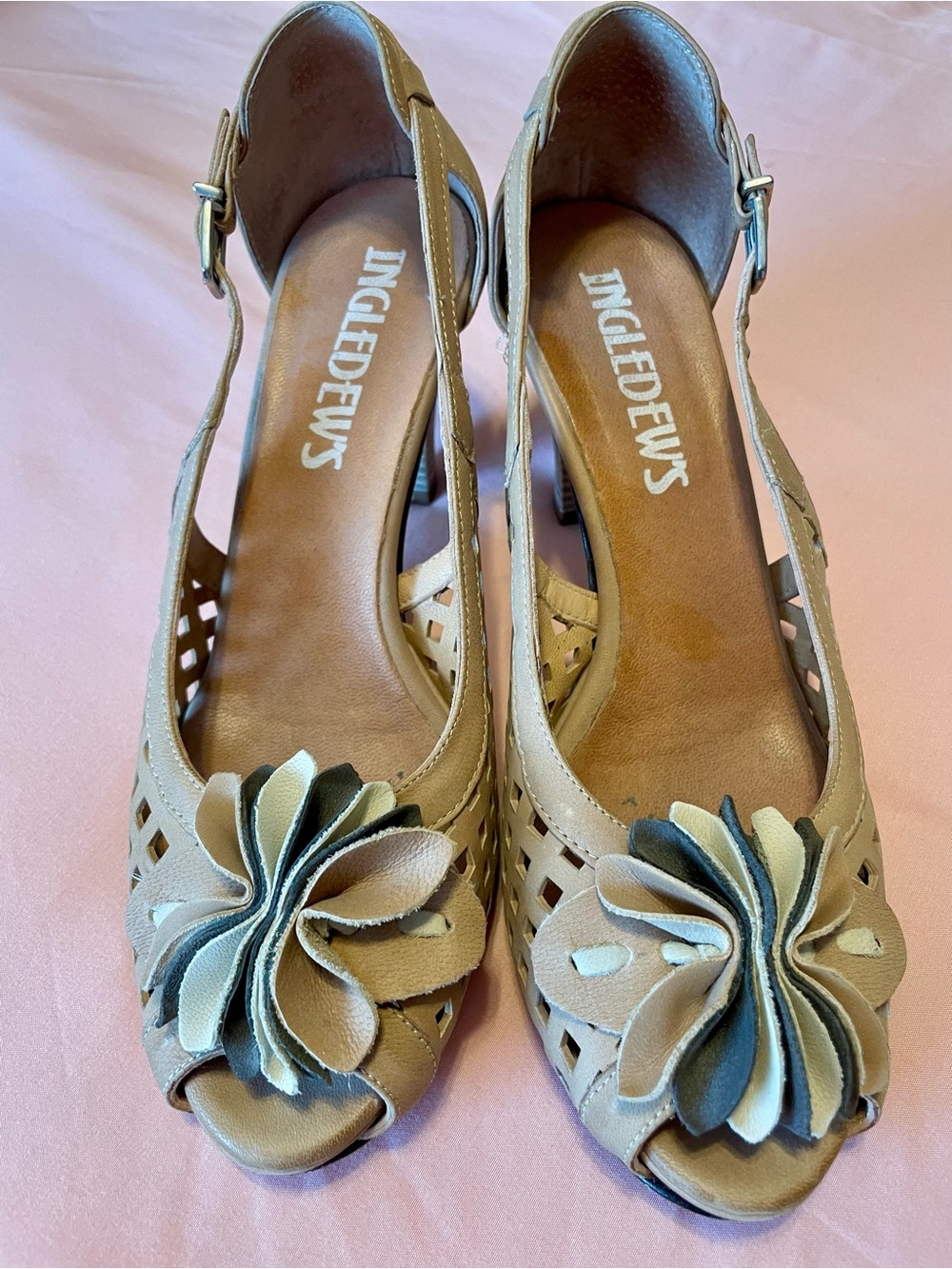 Ingledews Beige Peep-Toe Heels with Floral Detail